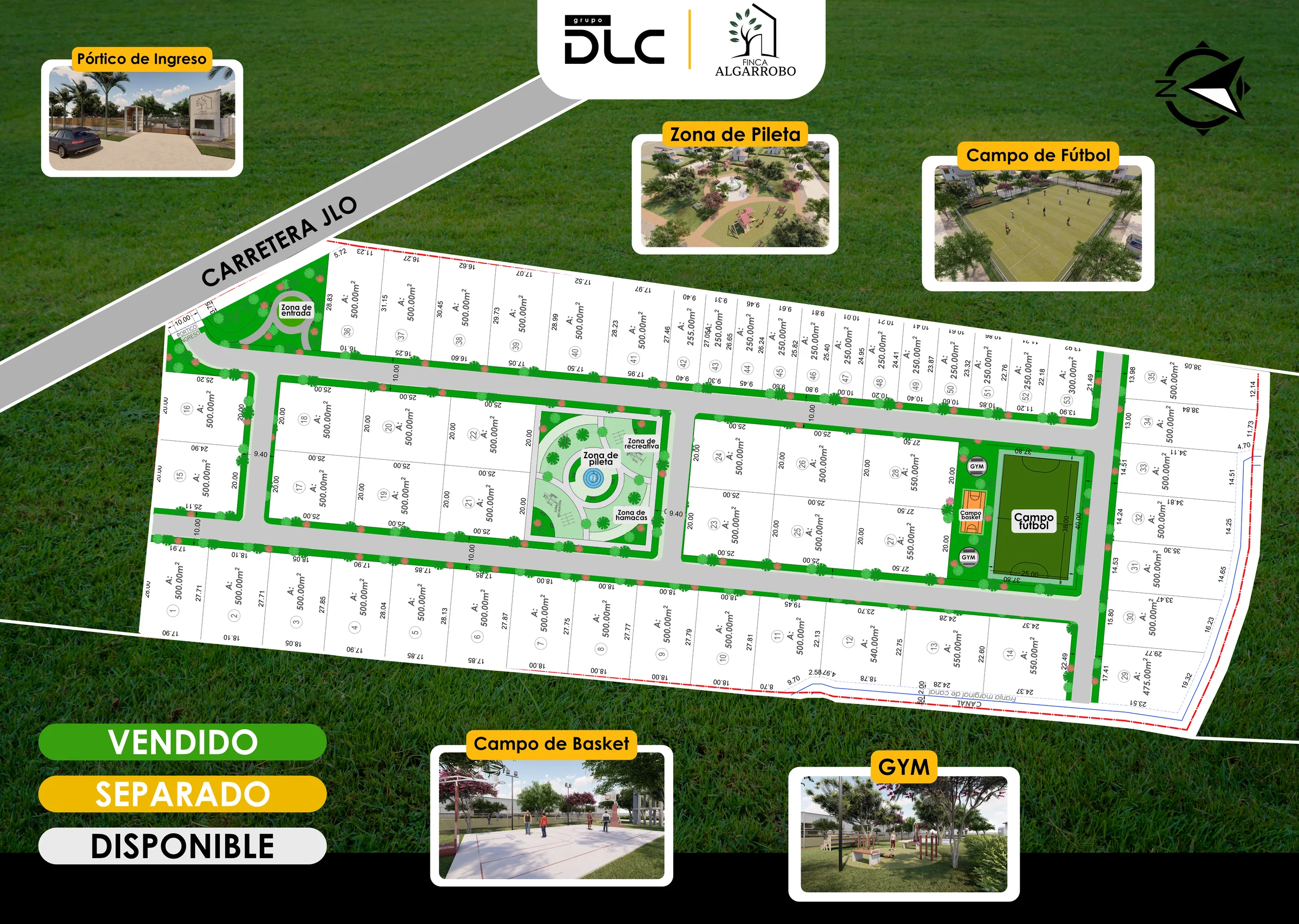 Plano maestro de Finca Algarrobo con lotes, amenidades y leyenda de disponibilidad